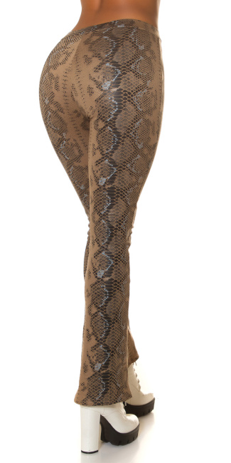 faux leder hoge taille flared broek met slangen-print bruin